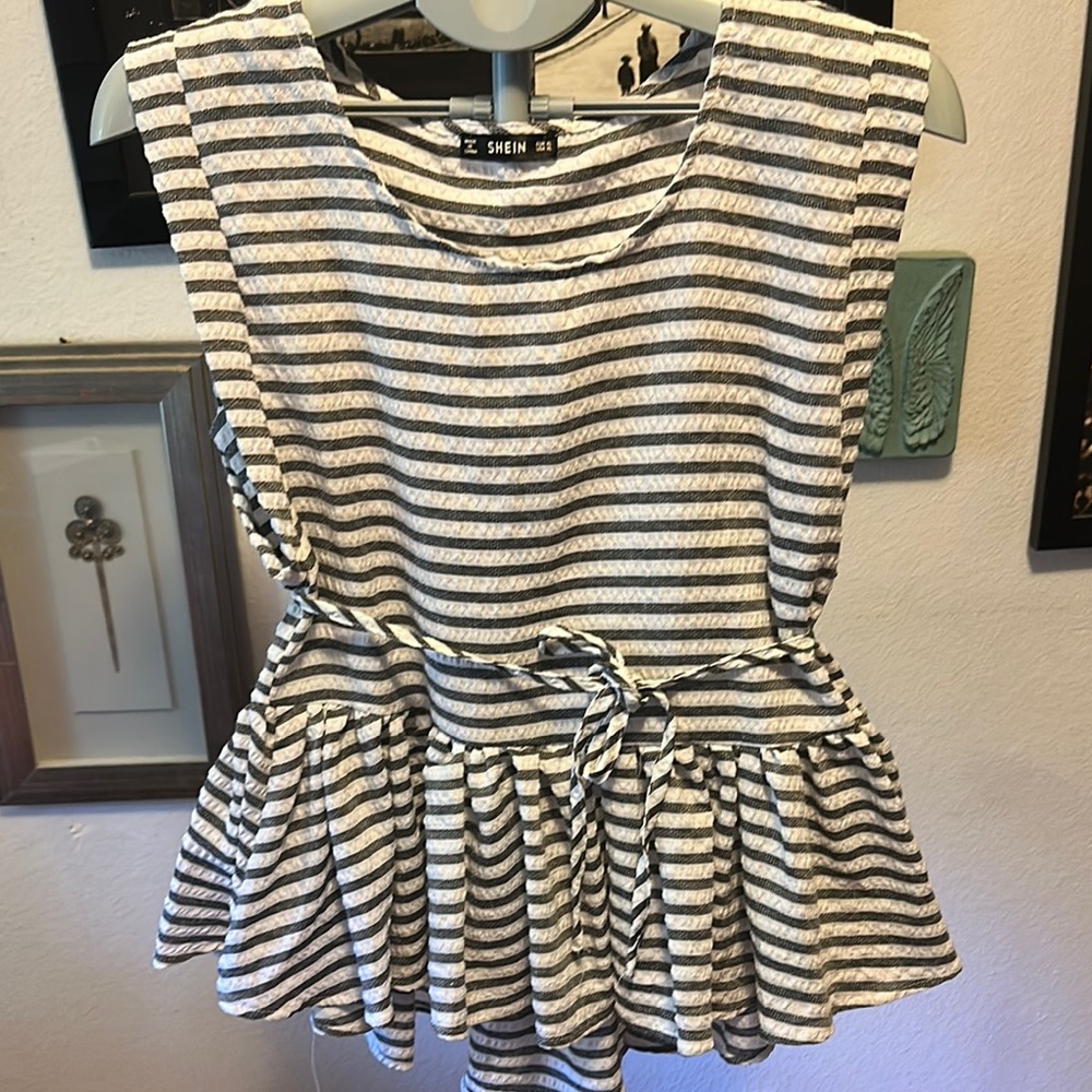 SHEIN Peplum Gray and White Striped Blouse